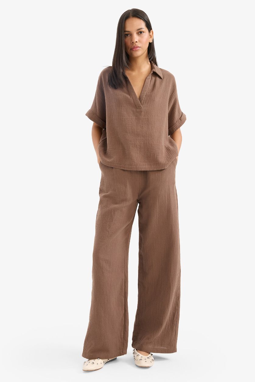 WOMAN Brown Wide Leg Regular Hem Double Pocket Crinkle Fabric Trousers