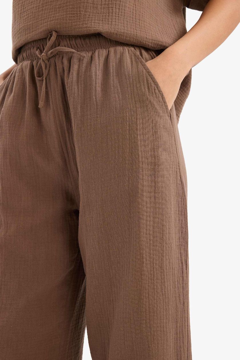 WOMAN Brown Wide Leg Regular Hem Double Pocket Crinkle Fabric Trousers