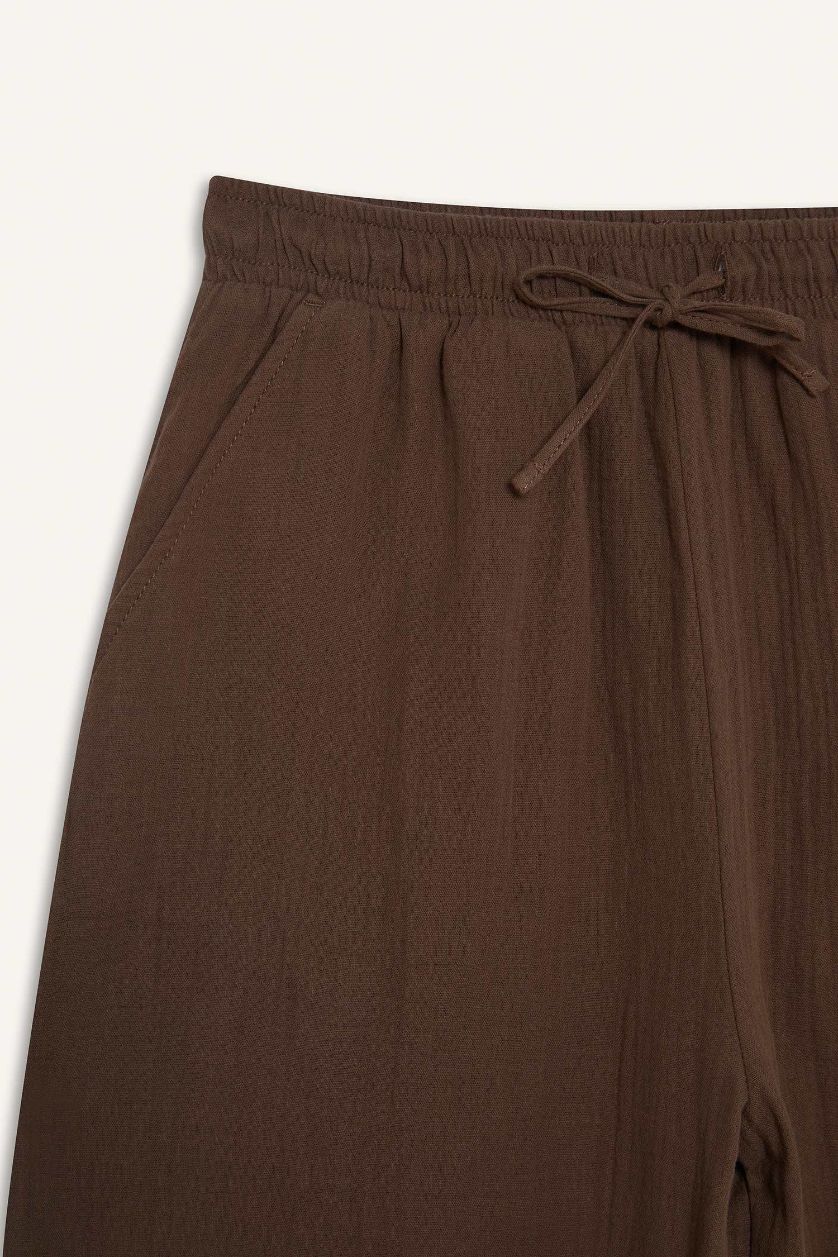 WOMAN Brown Wide Leg Regular Hem Double Pocket Crinkle Fabric Trousers