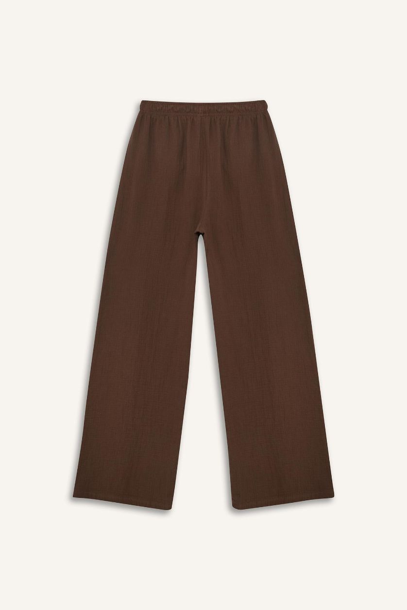 WOMAN Brown Wide Leg Regular Hem Double Pocket Crinkle Fabric Trousers