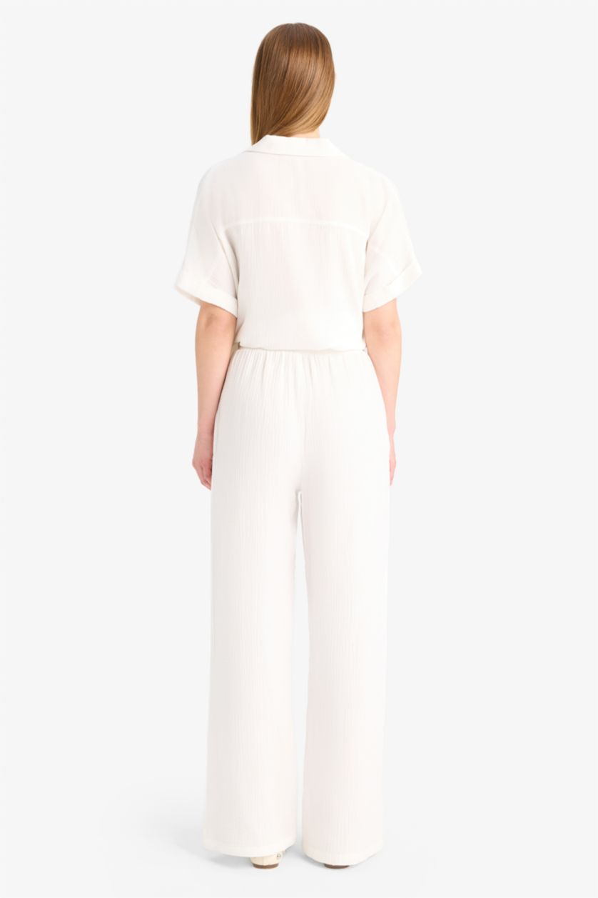 Kadın Beyaz Wide Leg Çift Cepli Beli Lastikli Düz Paça Krinkıl Kumaş Pantolon