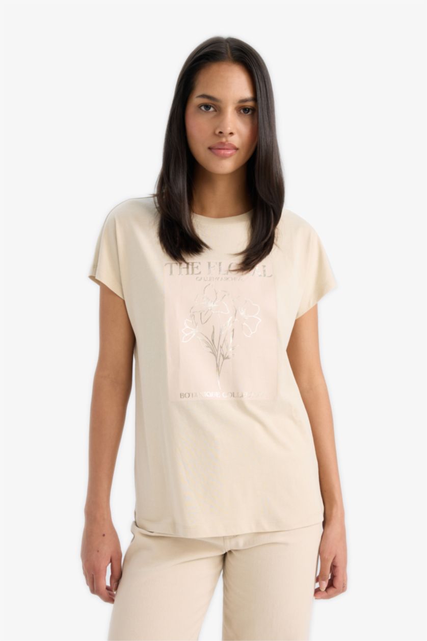 نساء اللون الحجري تيشيرت نص ردن فلورال بياخة مستديرة