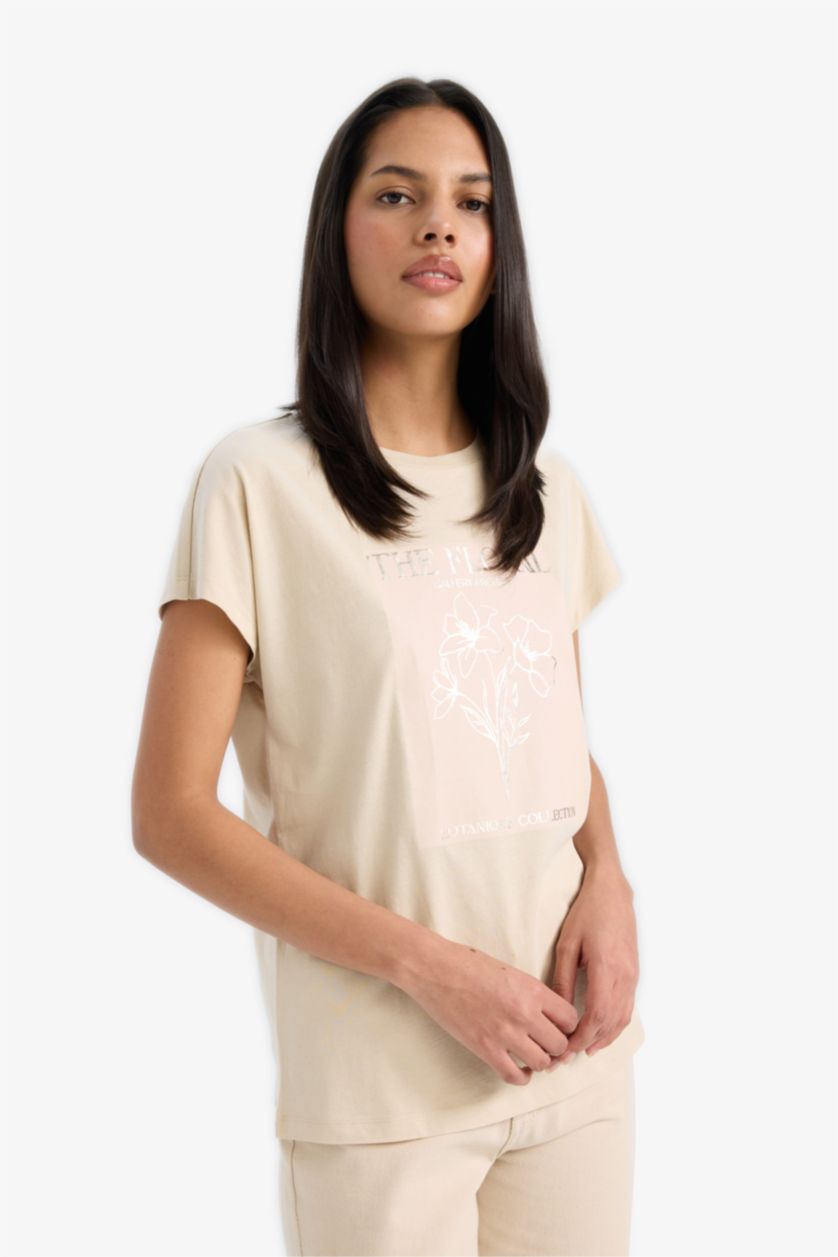 نساء اللون الحجري تيشيرت نص ردن فلورال بياخة مستديرة