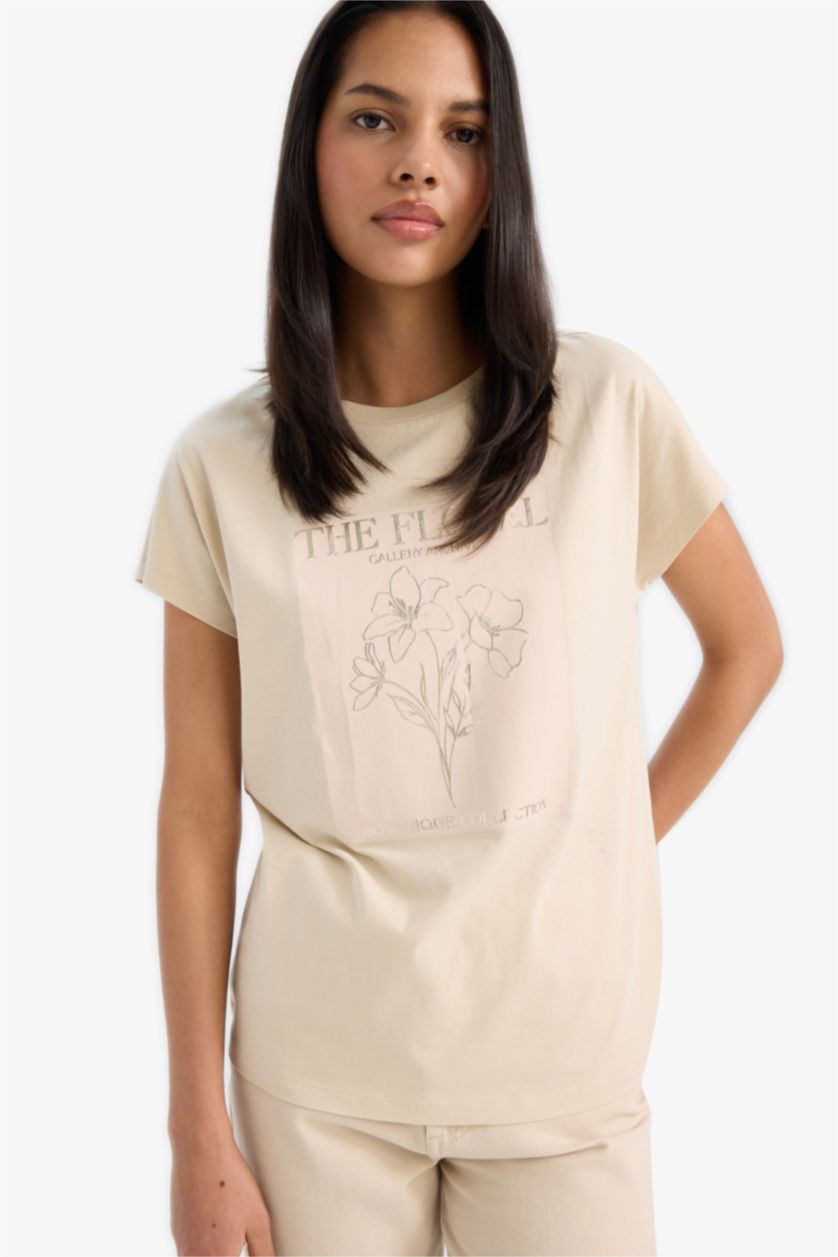 نساء اللون الحجري تيشيرت نص ردن فلورال بياخة مستديرة