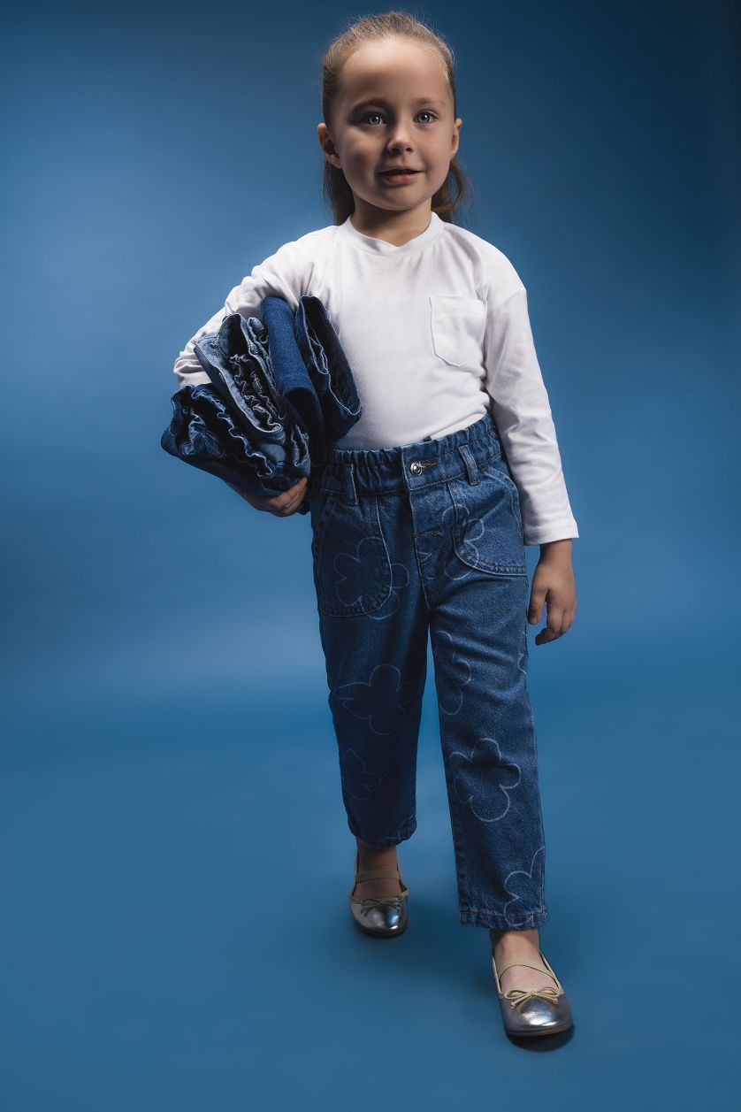 Kız Bebek Açık Mavi Paperbag Çiçekli Jean Pantolon Kız Bebek