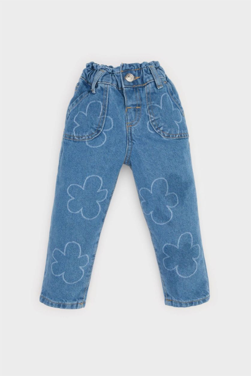 Kız Bebek Açık Mavi Paperbag Çiçekli Jean Pantolon Kız Bebek
