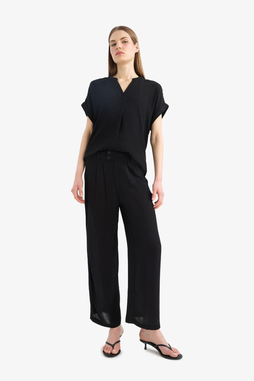 WOMAN Black Culotte Fit Regular Hem Double Pocket Linen Blended Trousers