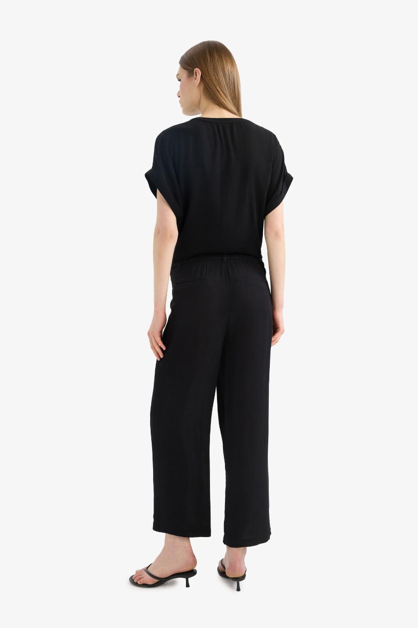 WOMAN Black Culotte Fit Regular Hem Double Pocket Linen Blended Trousers