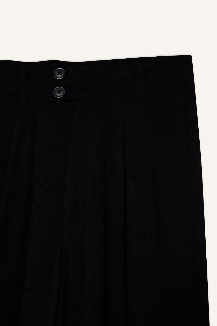 WOMAN Black Culotte Fit Regular Hem Double Pocket Linen Blended Trousers