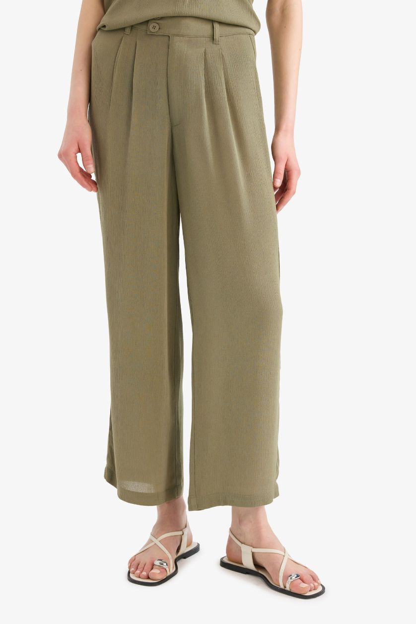 FEMME Kaki Clair Pantalon droit en tissu froissé à taille élastique et poches