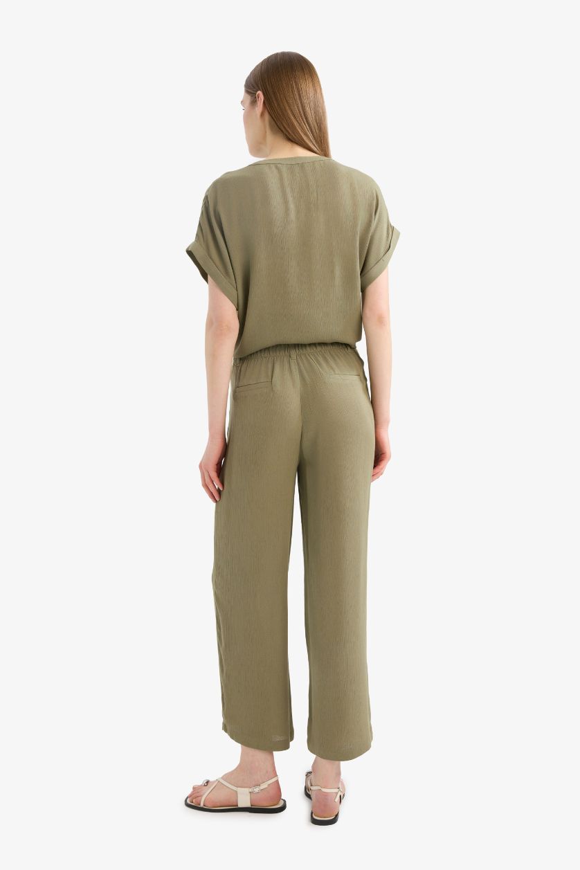 FEMME Kaki Clair Pantalon droit en tissu froissé à taille élastique et poches