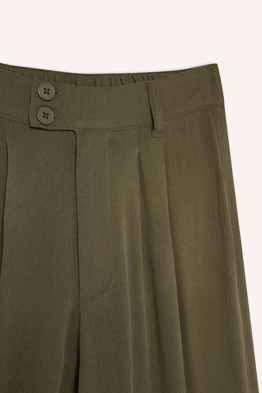 FEMME Kaki Clair Pantalon droit en tissu froissé à taille élastique et poches