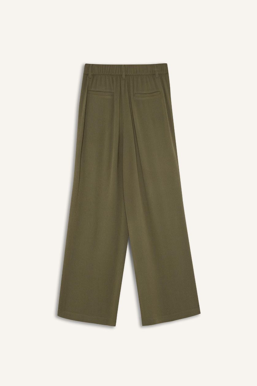 FEMME Kaki Clair Pantalon droit en tissu froissé à taille élastique et poches