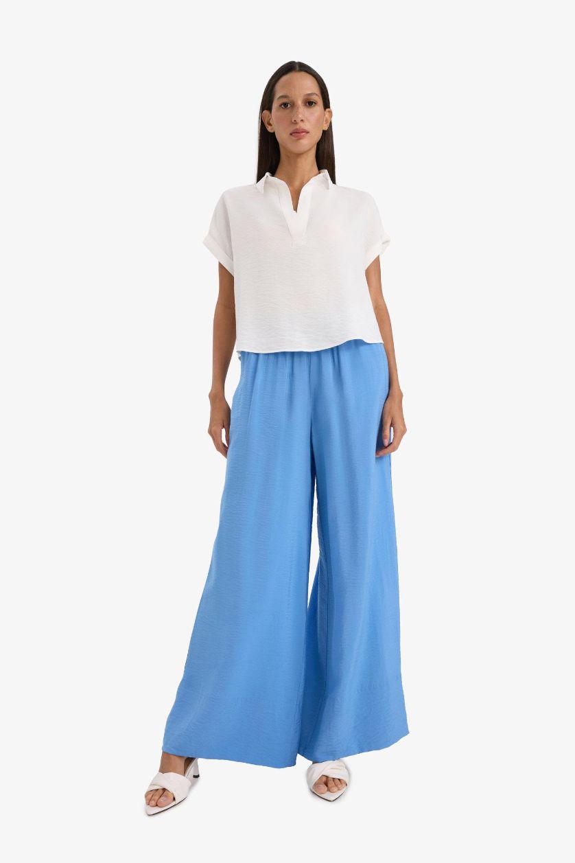 WOMAN Blue Wide Leg Elastic Waist Straight Leg Midi Trousers