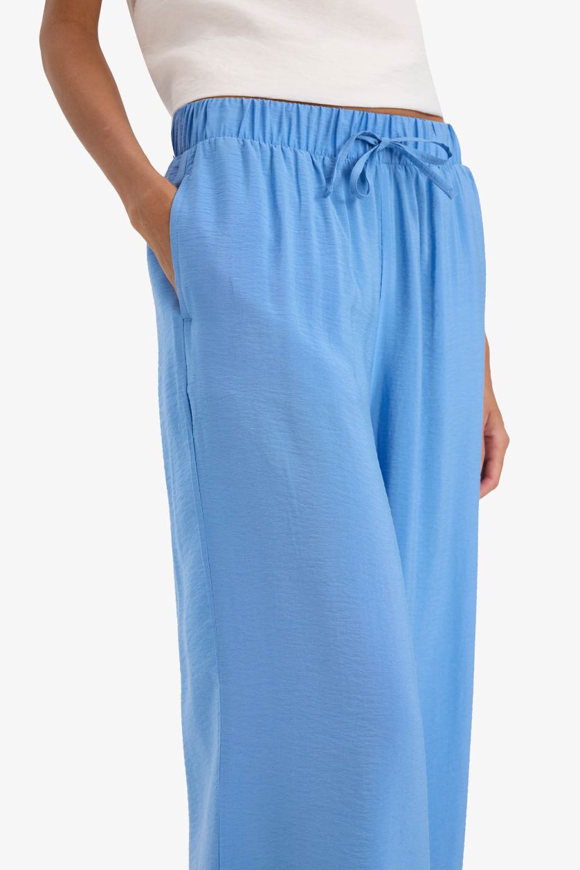 WOMAN Blue Wide Leg Elastic Waist Straight Leg Midi Trousers