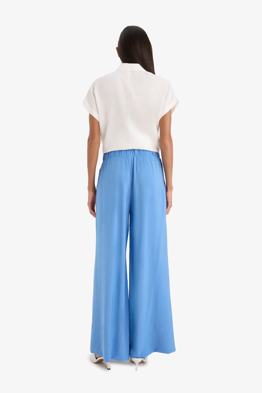 WOMAN Blue Wide Leg Elastic Waist Straight Leg Midi Trousers