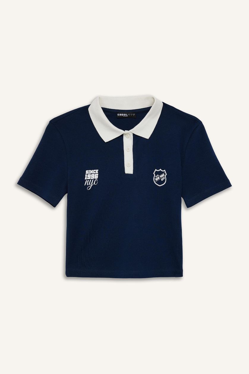 Kadın Lacivert Fitted Polo Yaka Baskılı Ribana Kısa Kollu Tişört