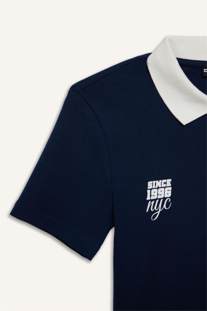 Kadın Lacivert Fitted Polo Yaka Baskılı Ribana Kısa Kollu Tişört