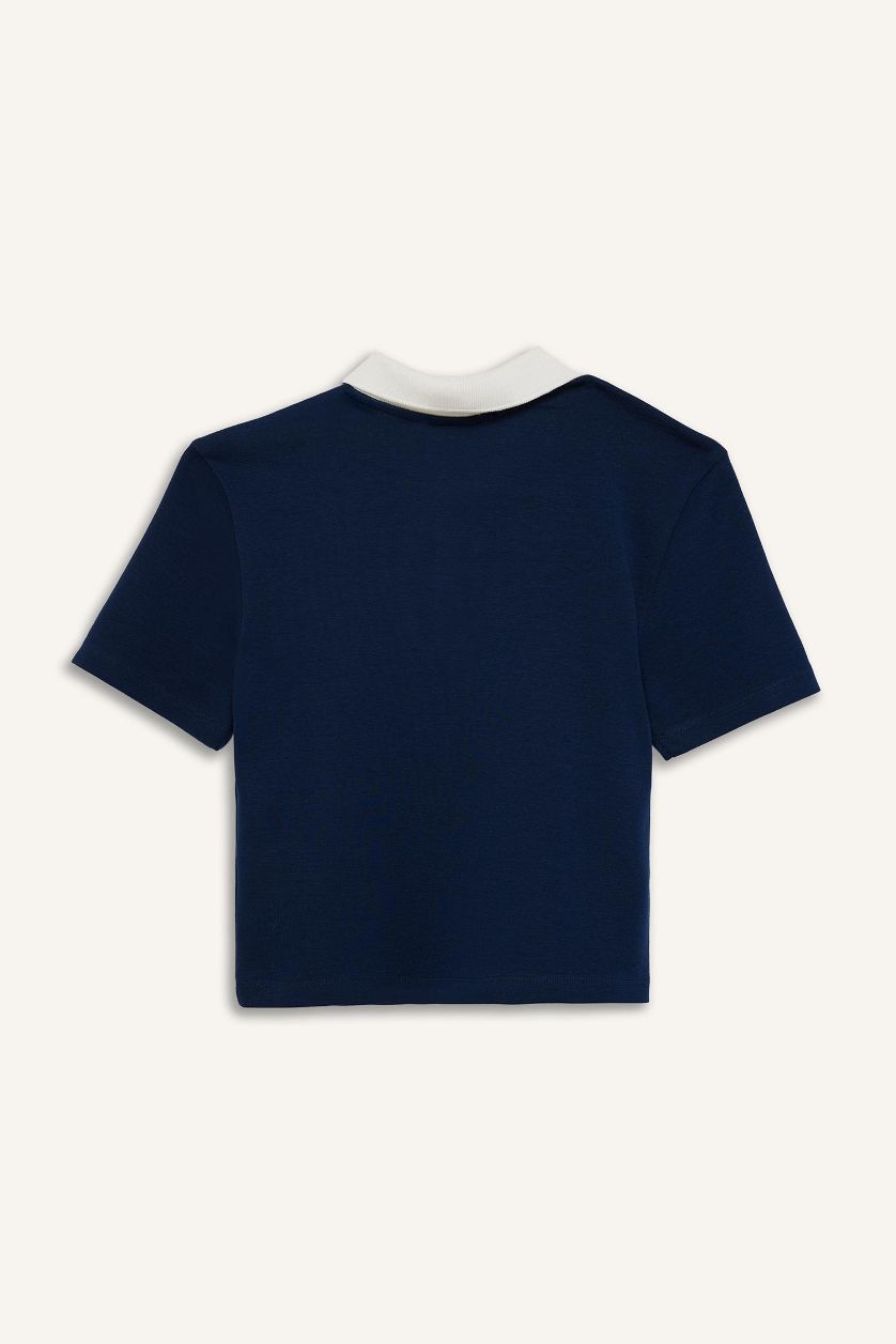Kadın Lacivert Fitted Polo Yaka Baskılı Ribana Kısa Kollu Tişört