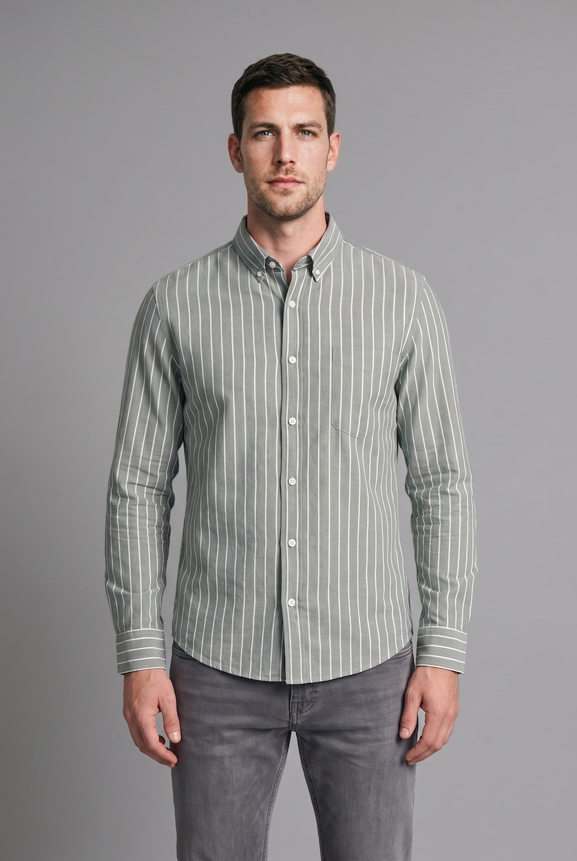 MAN Dark Green Regular Fit Striped Long Sleeve Pocket Shirt