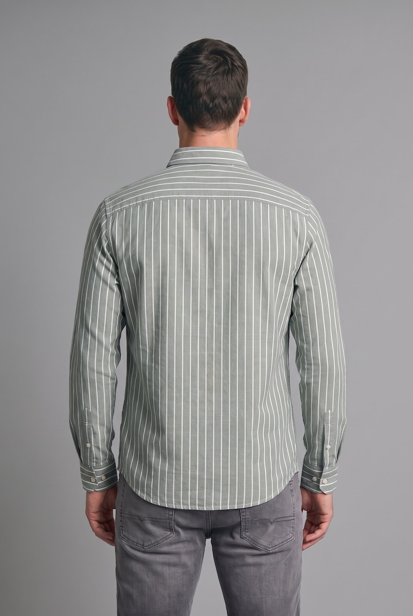 MAN Dark Green Regular Fit Striped Long Sleeve Pocket Shirt