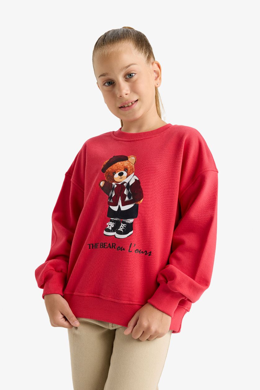 Kız Çocuk - Genç Kız Koyu Mercan Oversize Geniş Kalıp Bisiklet Yaka Baskılı Sweatshirt Kız Çocuk