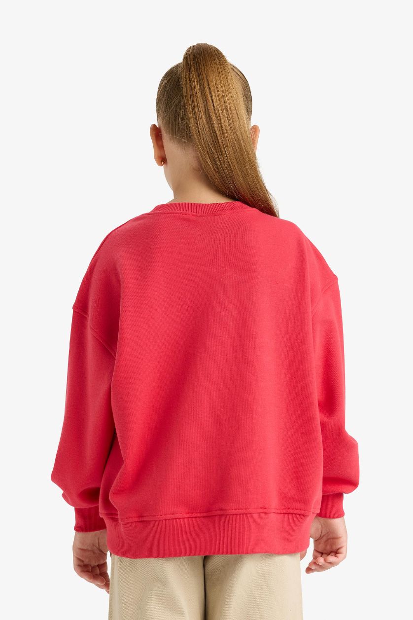 Kız Çocuk - Genç Kız Koyu Mercan Oversize Geniş Kalıp Bisiklet Yaka Baskılı Sweatshirt Kız Çocuk