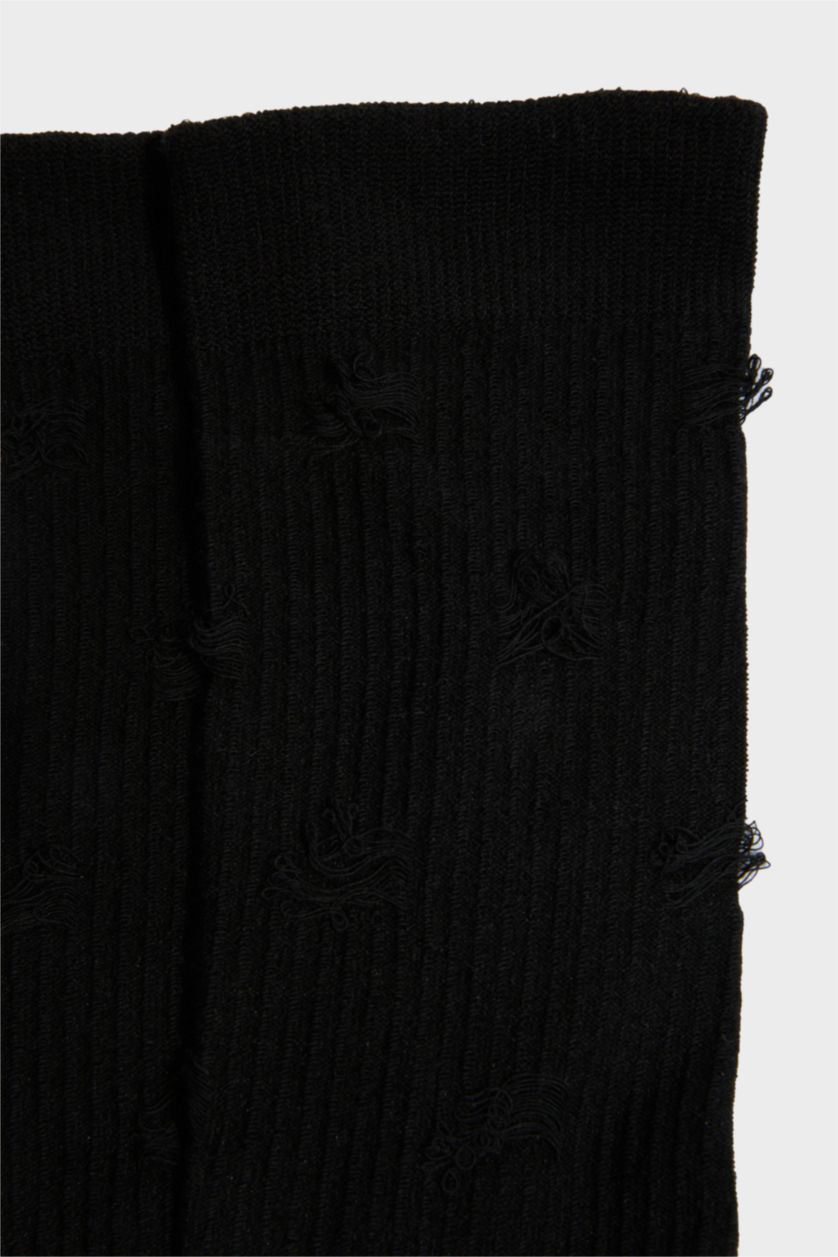 Erkek Siyah Erkek Dikişsiz Yırtık Detaylı Penye Pamuklu Premium Uzun Çorap