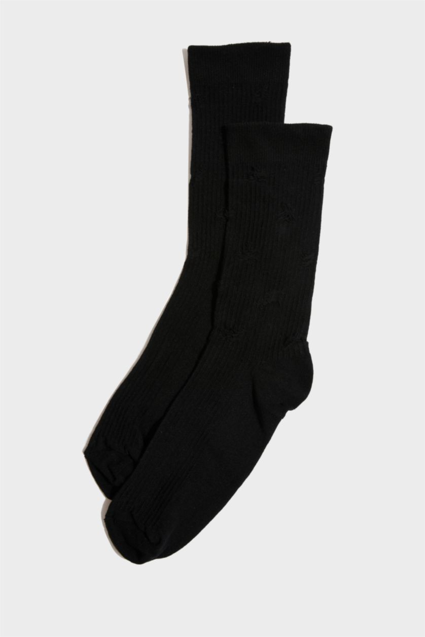 Erkek Siyah Erkek Dikişsiz Yırtık Detaylı Penye Pamuklu Premium Uzun Çorap
