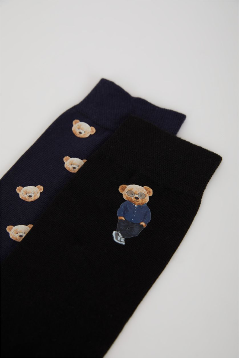 Erkek Karma Erkek Dikişsiz Bear Baskılı 2'li Penye Pamuklu Premium Uzun Çorap