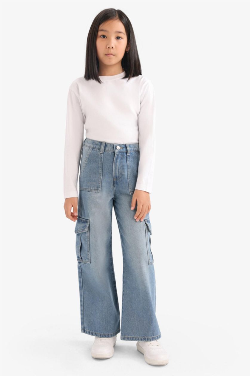 Девочки и подростки Голубрй Широкие джинсы с карманами для девочек