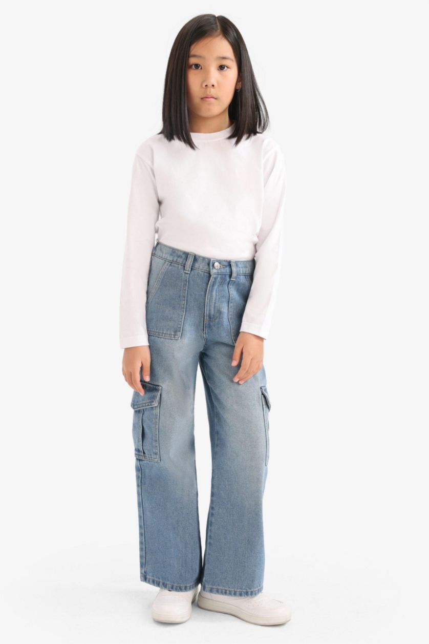 Девочки и подростки Голубрй Широкие джинсы с карманами для девочек