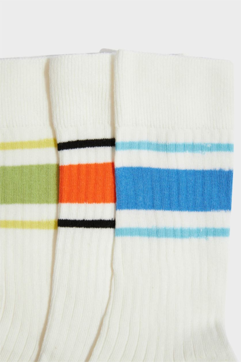 Erkek Beyaz Erkek Dikişsiz Rahat Lastikli 3'lü Penye Pamuklu Premium Uzun Çorap