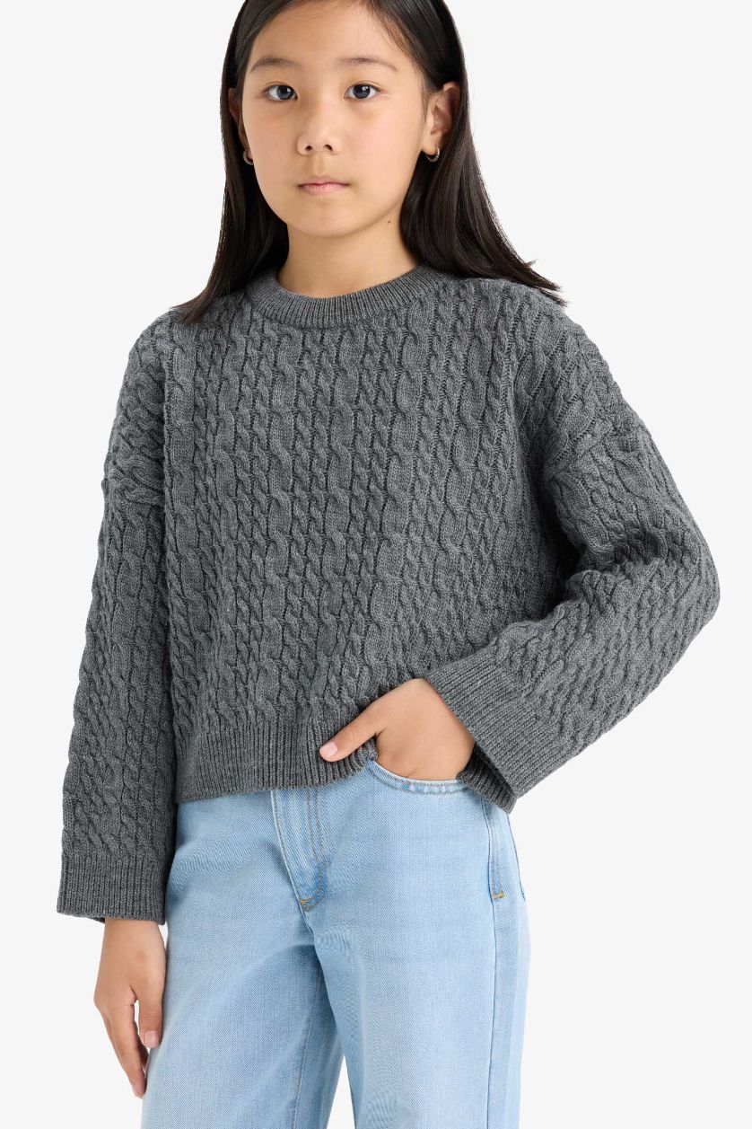 Kız Çocuk - Genç Kız Antrasit Standart Fit Bisiklet Yaka Triko Kazak Kız Çocuk