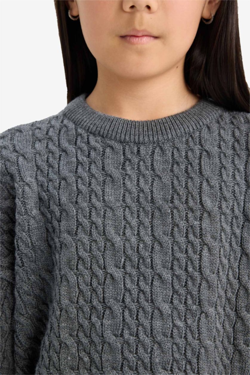 Kız Çocuk - Genç Kız Antrasit Standart Fit Bisiklet Yaka Triko Kazak Kız Çocuk