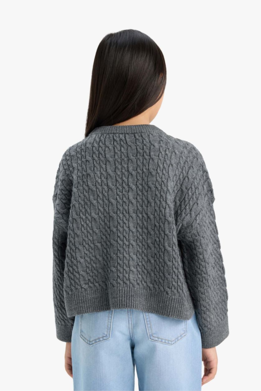 Kız Çocuk - Genç Kız Antrasit Standart Fit Bisiklet Yaka Triko Kazak Kız Çocuk