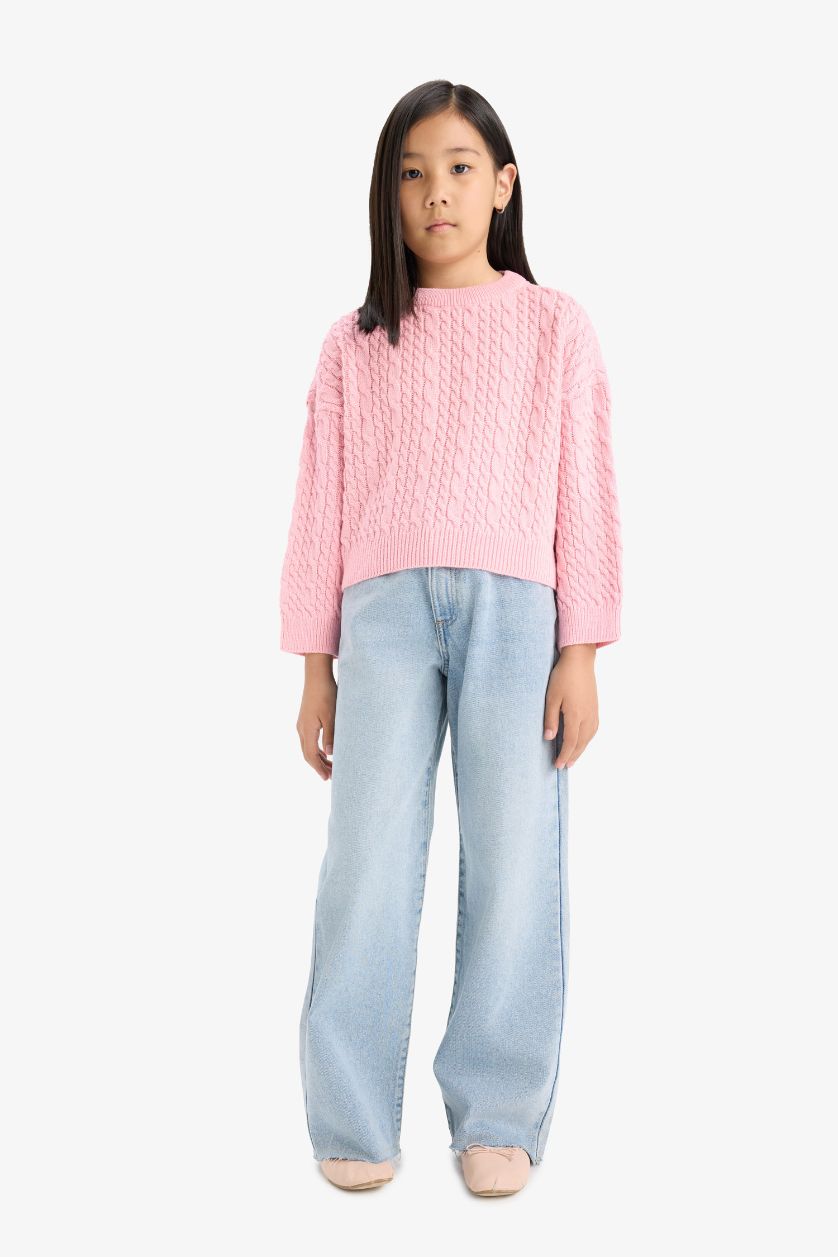 Kız Çocuk - Genç Kız Açık Pembe Standart Fit Bisiklet Yaka Triko Kazak Kız Çocuk