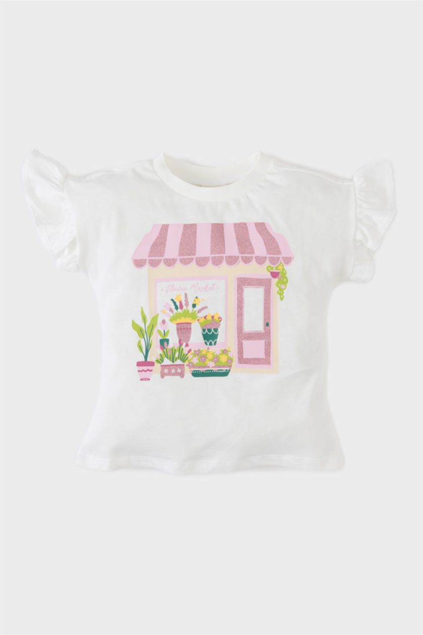 Kız Bebek Ekru Bisiklet Yaka Baskılı Kısa Kollu Tişört Kız Bebek