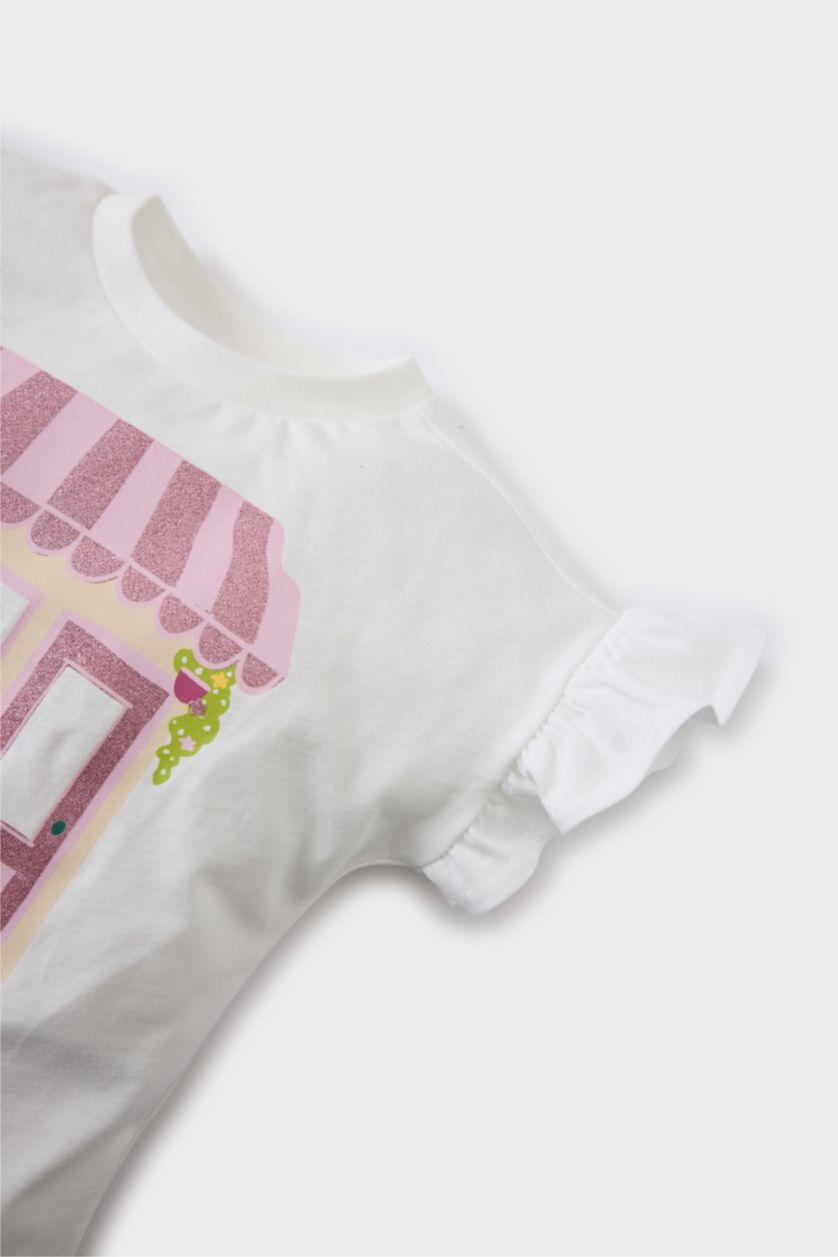 Kız Bebek Ekru Bisiklet Yaka Baskılı Kısa Kollu Tişört Kız Bebek