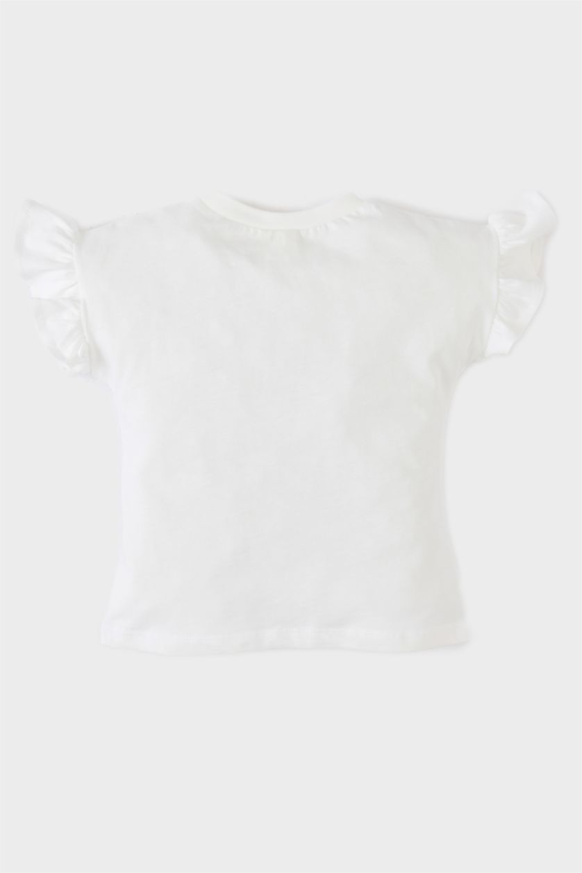 Kız Bebek Ekru Bisiklet Yaka Baskılı Kısa Kollu Tişört Kız Bebek