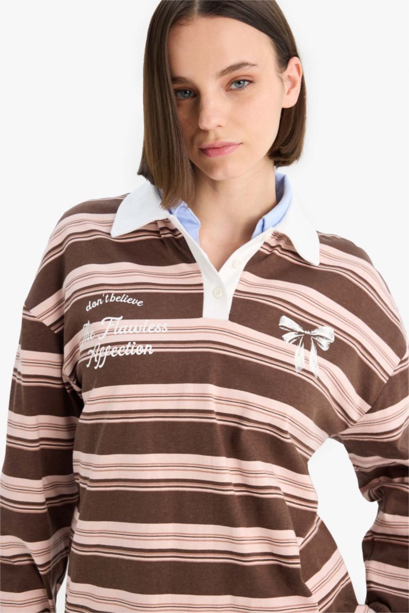 Woman Rose Loose Fit Polo Neck Striped Sweatshirt