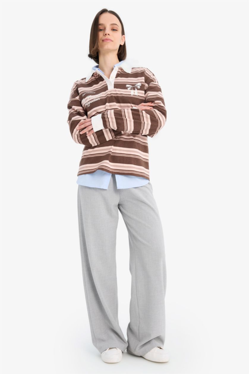 Woman Rose Loose Fit Polo Neck Striped Sweatshirt