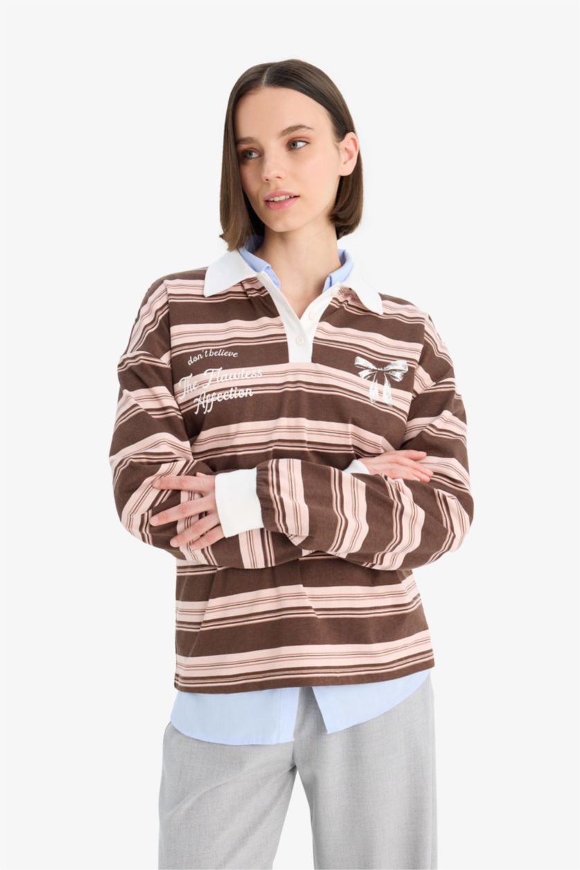 Woman Rose Loose Fit Polo Neck Striped Sweatshirt