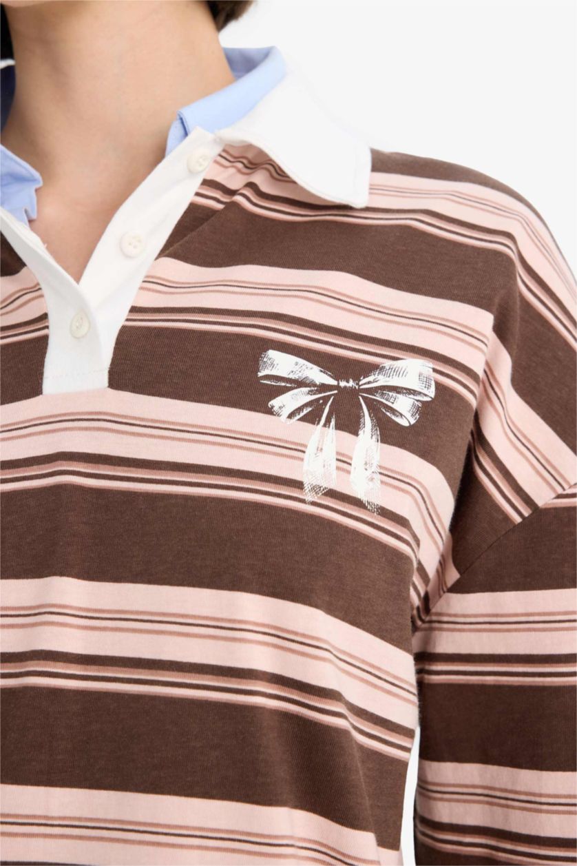 Woman Rose Loose Fit Polo Neck Striped Sweatshirt