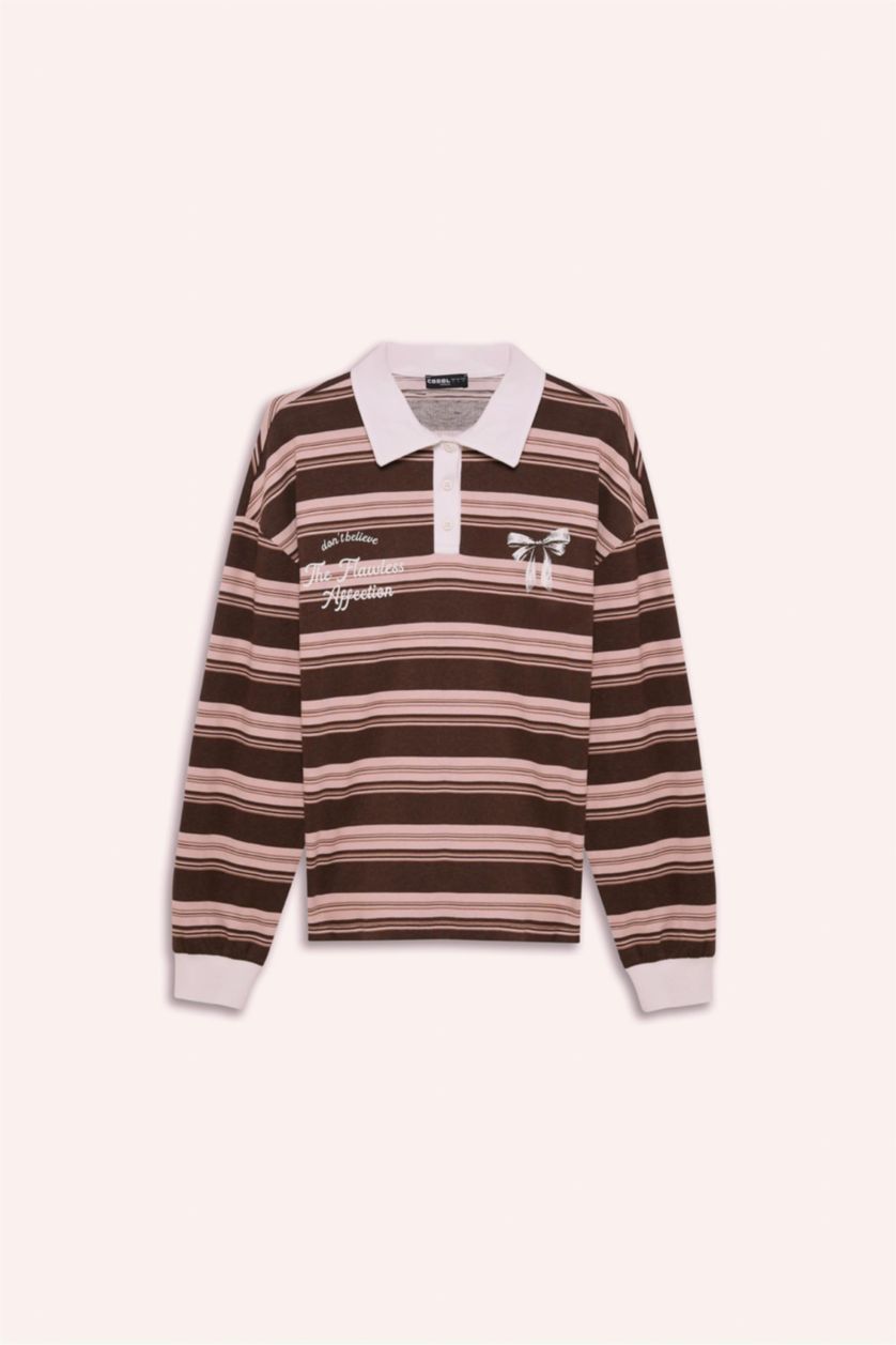Woman Rose Loose Fit Polo Neck Striped Sweatshirt