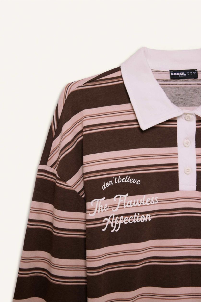 Woman Rose Loose Fit Polo Neck Striped Sweatshirt