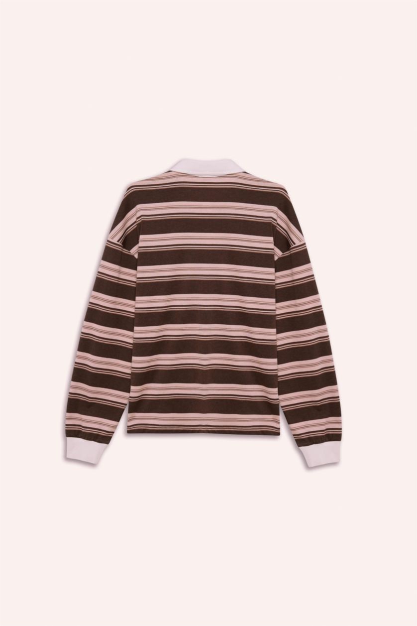 Woman Rose Loose Fit Polo Neck Striped Sweatshirt