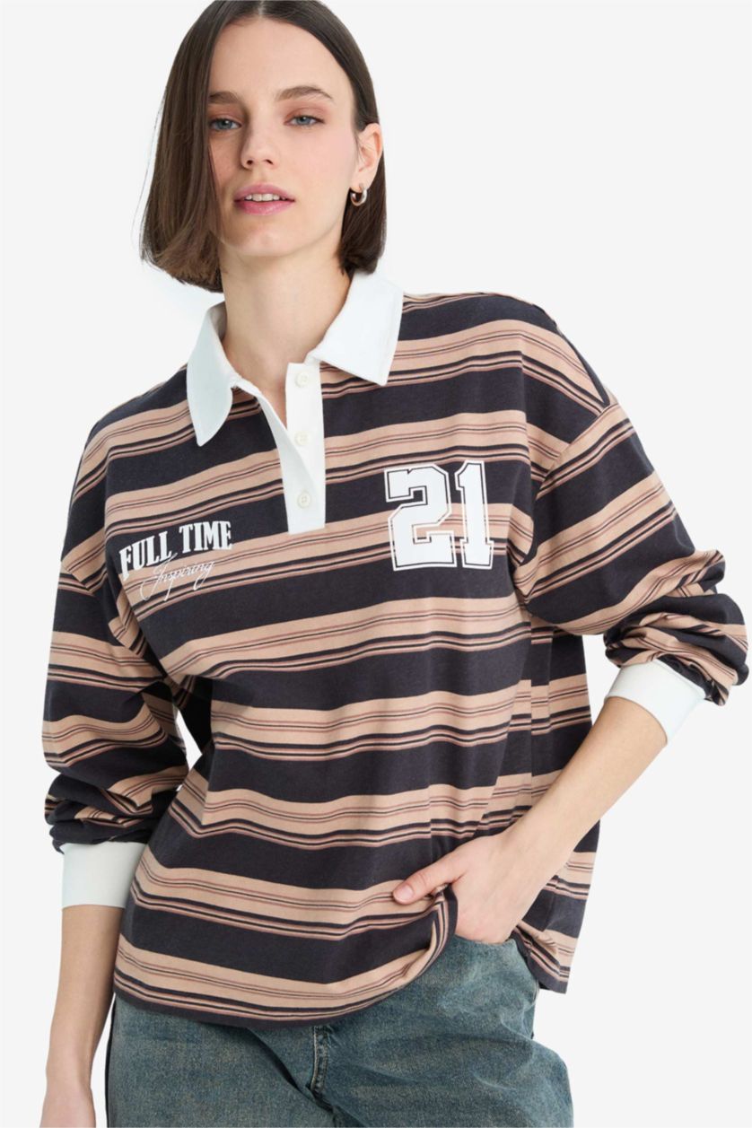 Kadın Antrasit Loose Fit Çizgili Polo Yaka Sweatshirt