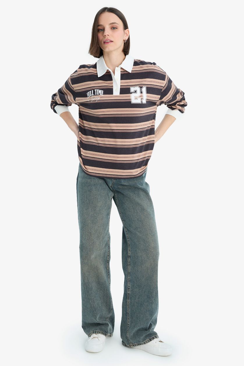 Kadın Antrasit Loose Fit Çizgili Polo Yaka Sweatshirt