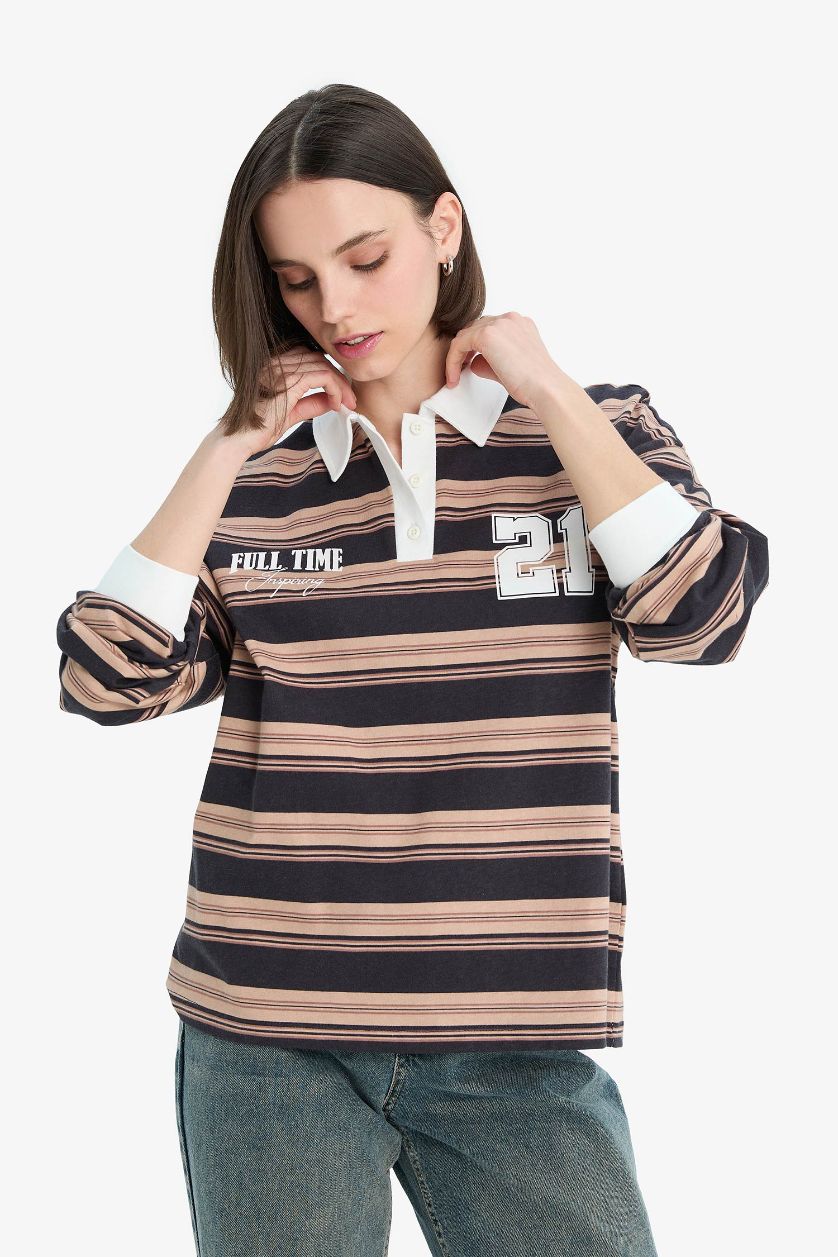 Kadın Antrasit Loose Fit Çizgili Polo Yaka Sweatshirt